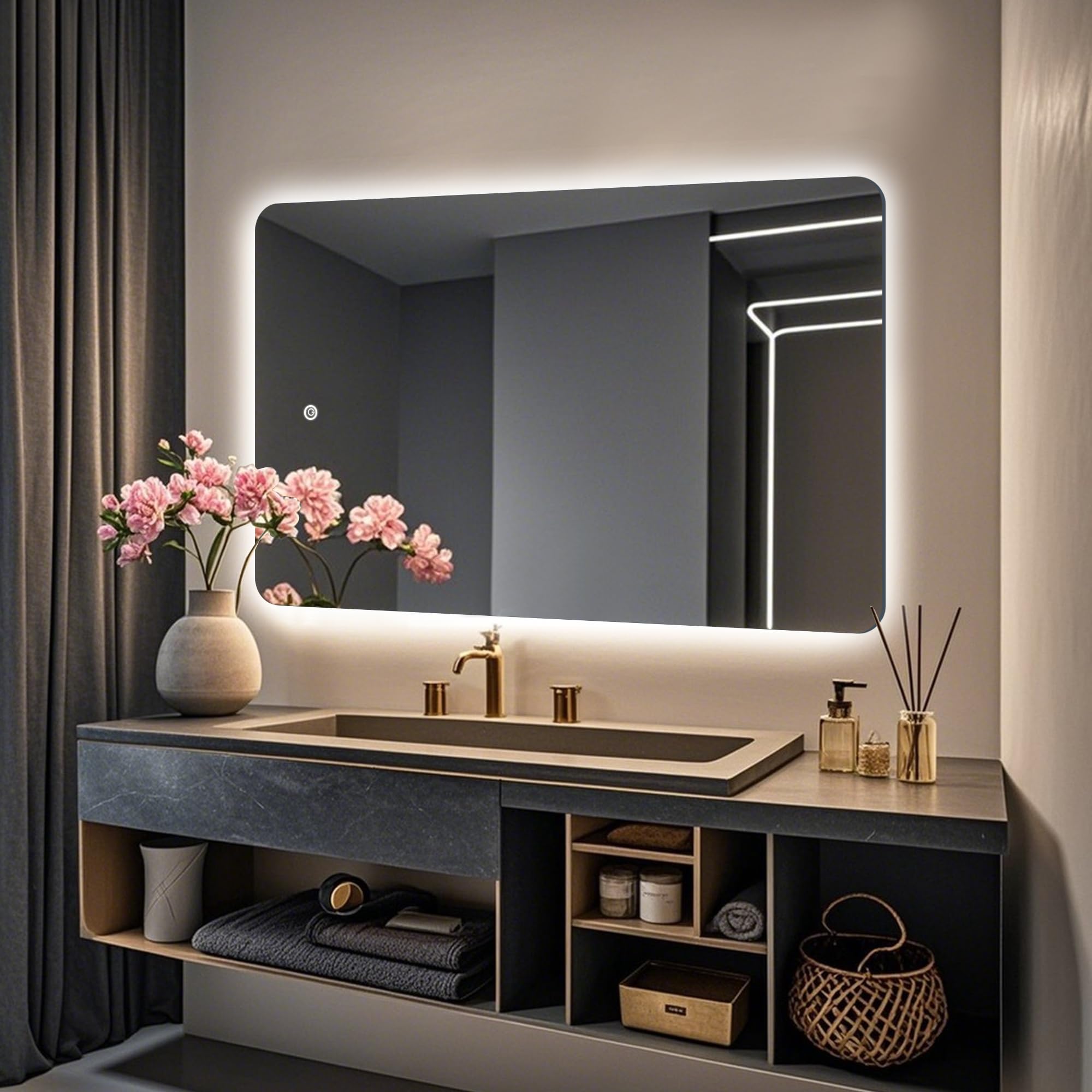 Inbenioso 48 x 30 inch Backlit Led Mirror for Bathroom Rectangular Frameless Wall Mirror Vanity Mirror with Light Rounded Corners, Shatter Proof, Dimmable, Smart Mirror 3-Color Lights,Tempered Glass