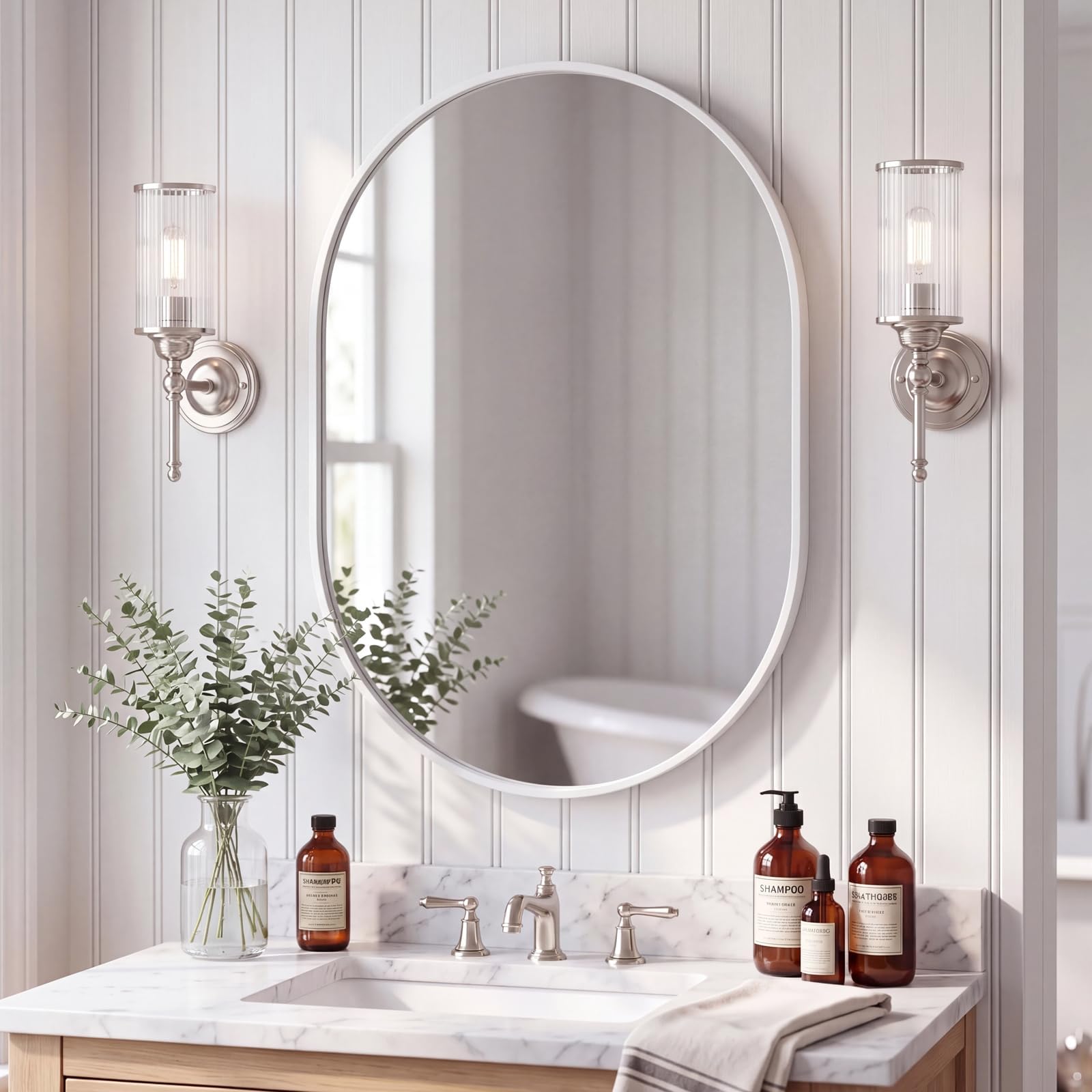 Hibtn Oval Bathroom Mirror 50 x 70 cm, White Aluminium Frame Wall Mirror