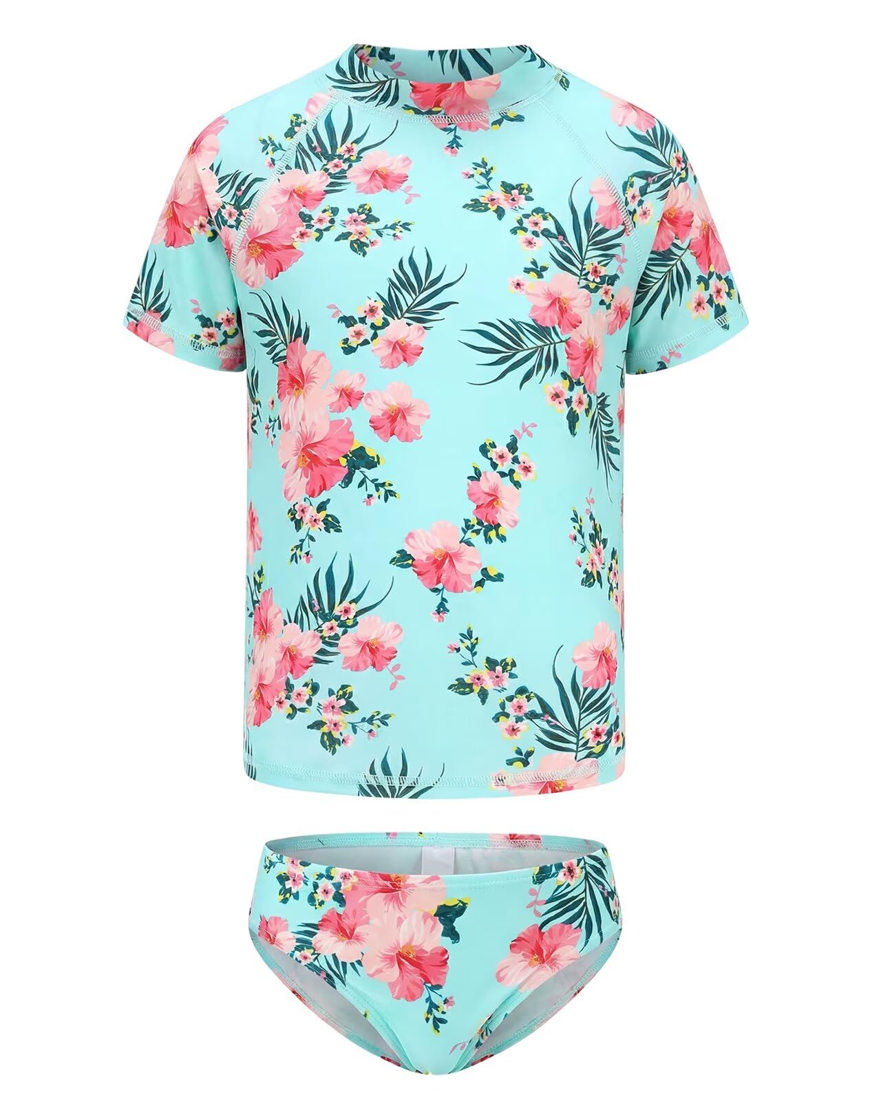 Girls Two Piece Rash Guard Swimsuits Set Short Sleeve Bathing Suit for Kids Hawaiian Swimwear Set 3-16 Years