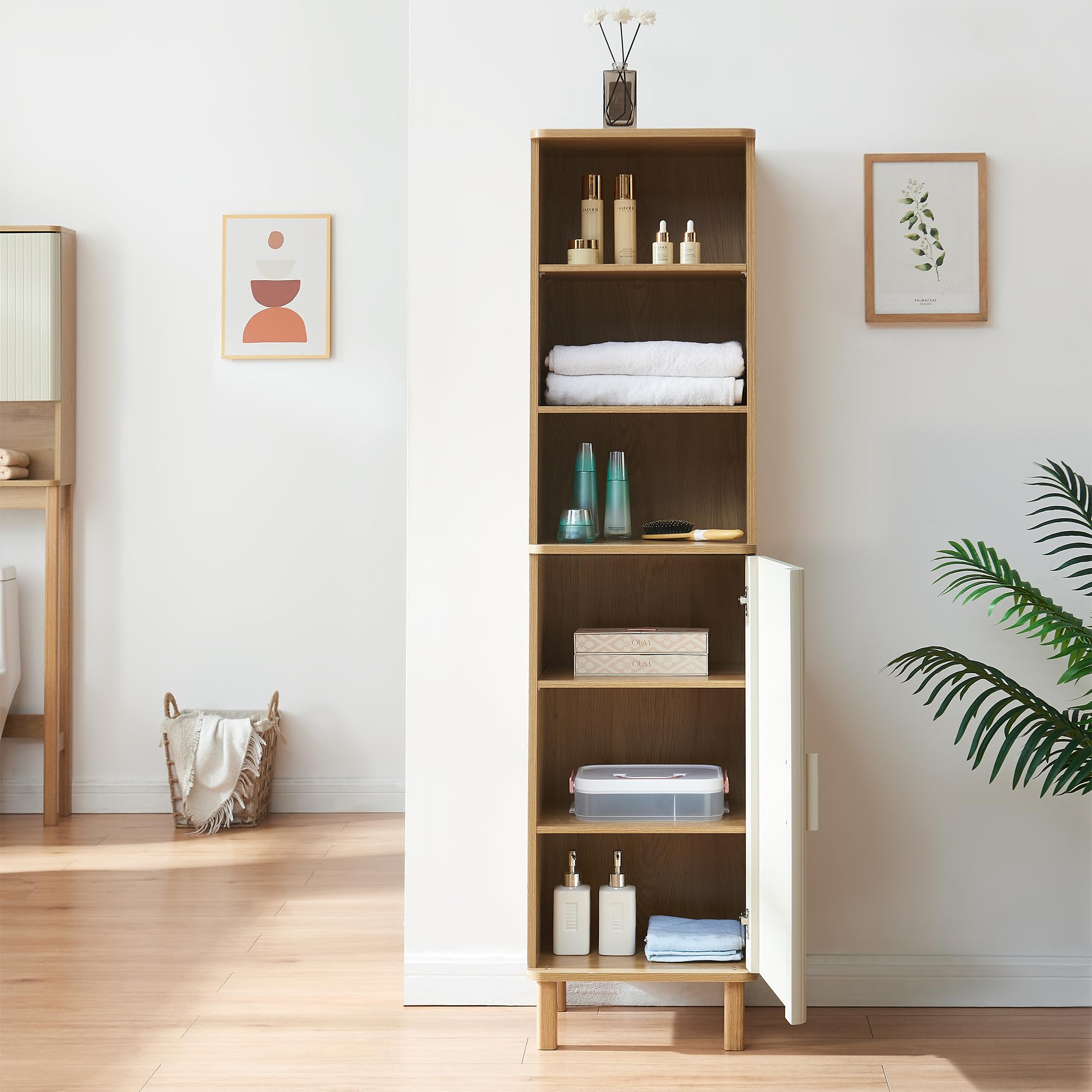 [en.casa] Mobile a Colonna con Anta e 3 Vani Aperti Armadio da Bagno Multiuso con Ripiani Scomparti Chiusi per Corridoio Cucina 160 x 42 x 35 cm - Effetto Rovere/Avena Oatmeal