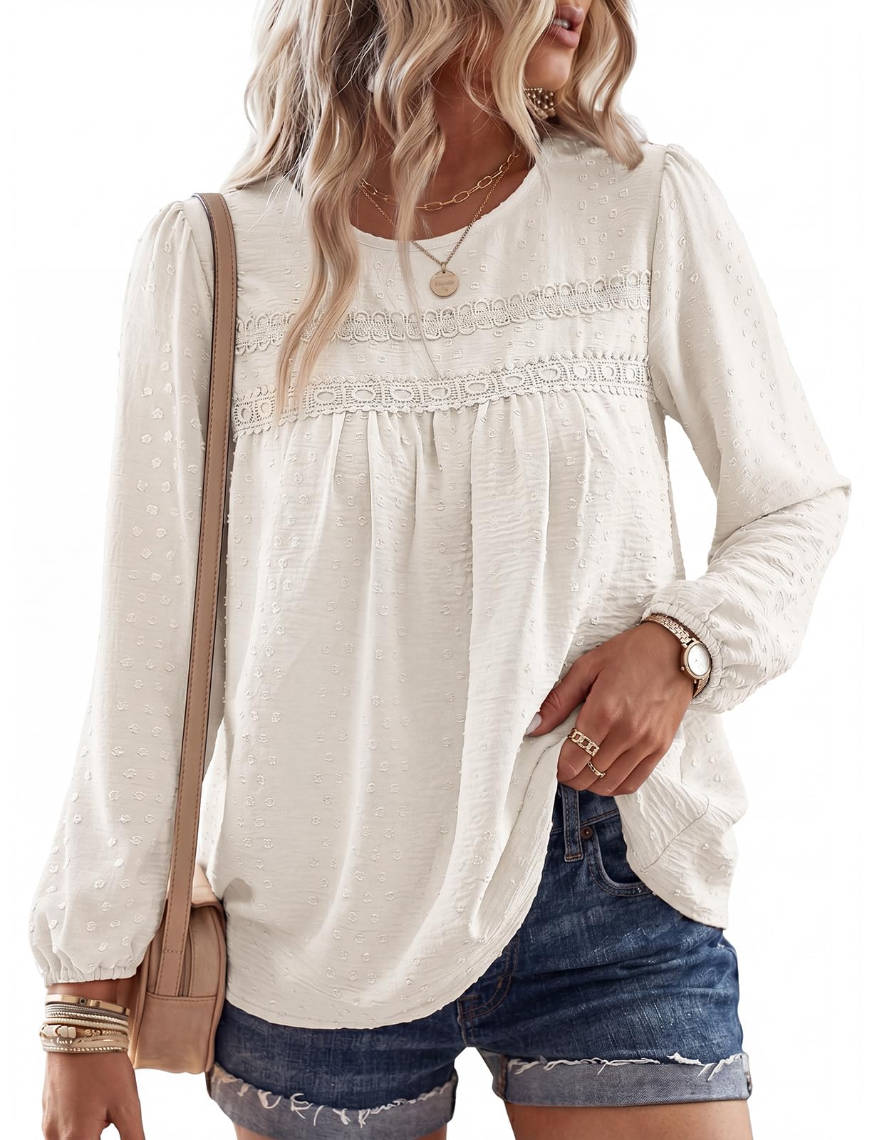 heekpek Chemisier Femme Boho Col Rond Top Manches Longues Blouse Chic et Élégant Haut Dentelle Chemise Ample Fluide Tunique