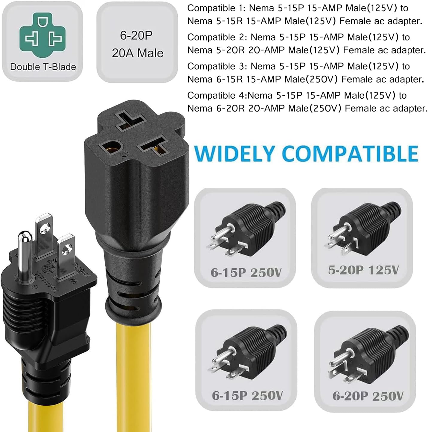 3.3FT 12AWG Heavy Duty Extender AC Plug Adapter [4-in-1], 15 Amp Household to 20 Amp T Blade Power Extension Cord, 12AWG Nema 5-15P to 5-20R/ 6-15R/ 6-20R, 15A 125V to 20A 250V Adapter Cable 1m
