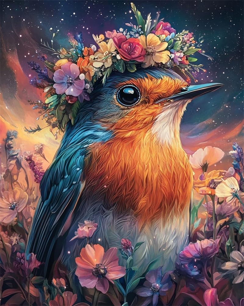 Henypt Stamped Cross Stitch Kits,Robin Bird Wearing A Floral-Wreath Hat Cross Stitch Ornament Kits for Adults Beginners, Counted Embroidery Needlepoint Kits Home Decor Adult Craft Kits