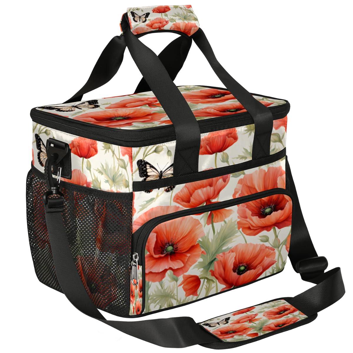Butterfly Insulated Picnic Backpack Lunch Box for Women Men Picnic Basket Tote Lunch Bag Picnic Bag Portable Lunch Bags for Picnic, Beach, Work, Trip,Office, Camp Red Poppy