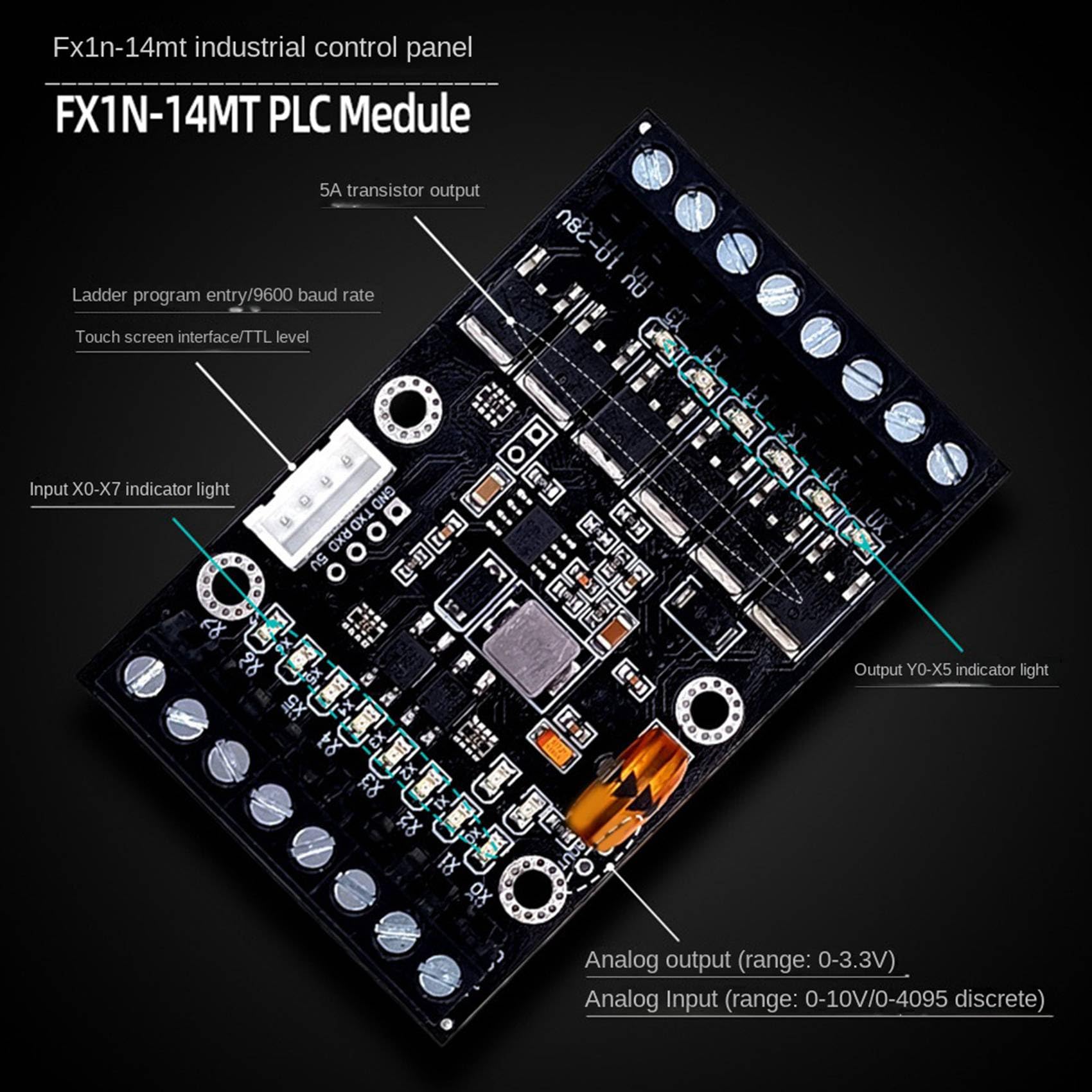 Baglaum 5X FX1N-14MT PLC Industrial Control Board PLC Module Analog Input/Output with Guide Rail Delay Relay Module, Black, 750130163