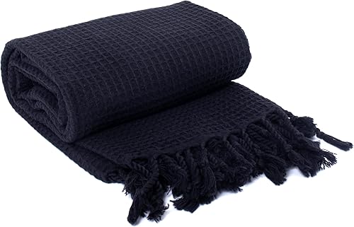 PÜSKÜL - Toallas turcas de playa de algodón ultra suave con tejido de gofre, 67 x 33 pulgadas, paquete de 1 unidad (negro, 1)
