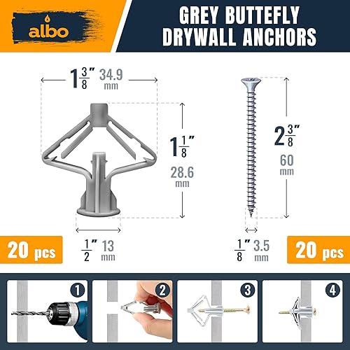 Miniatura 27 de ALBO Kit de anclaje para paneles de yeso de pared hueca con tornillos, 100 piezas (anclaje gris, 50 piezas + tornillos, 50 unidades), anclajes