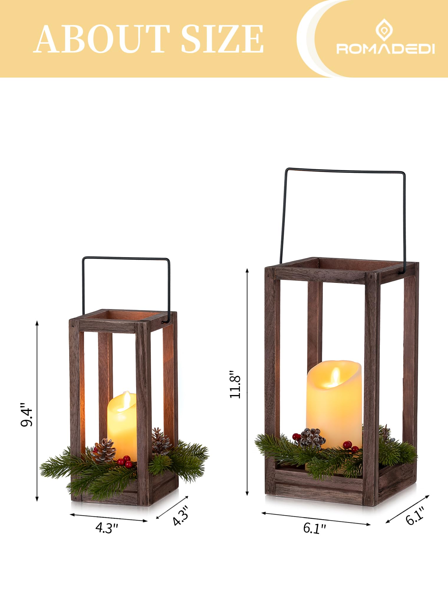 Romadedi Lot de 2 lanternes de Noël décoratives en bois avec couronne de Noël et bougies LED pour centres de table, cheminée, cheminée rustique, décoration d'intérieur, cadeau
