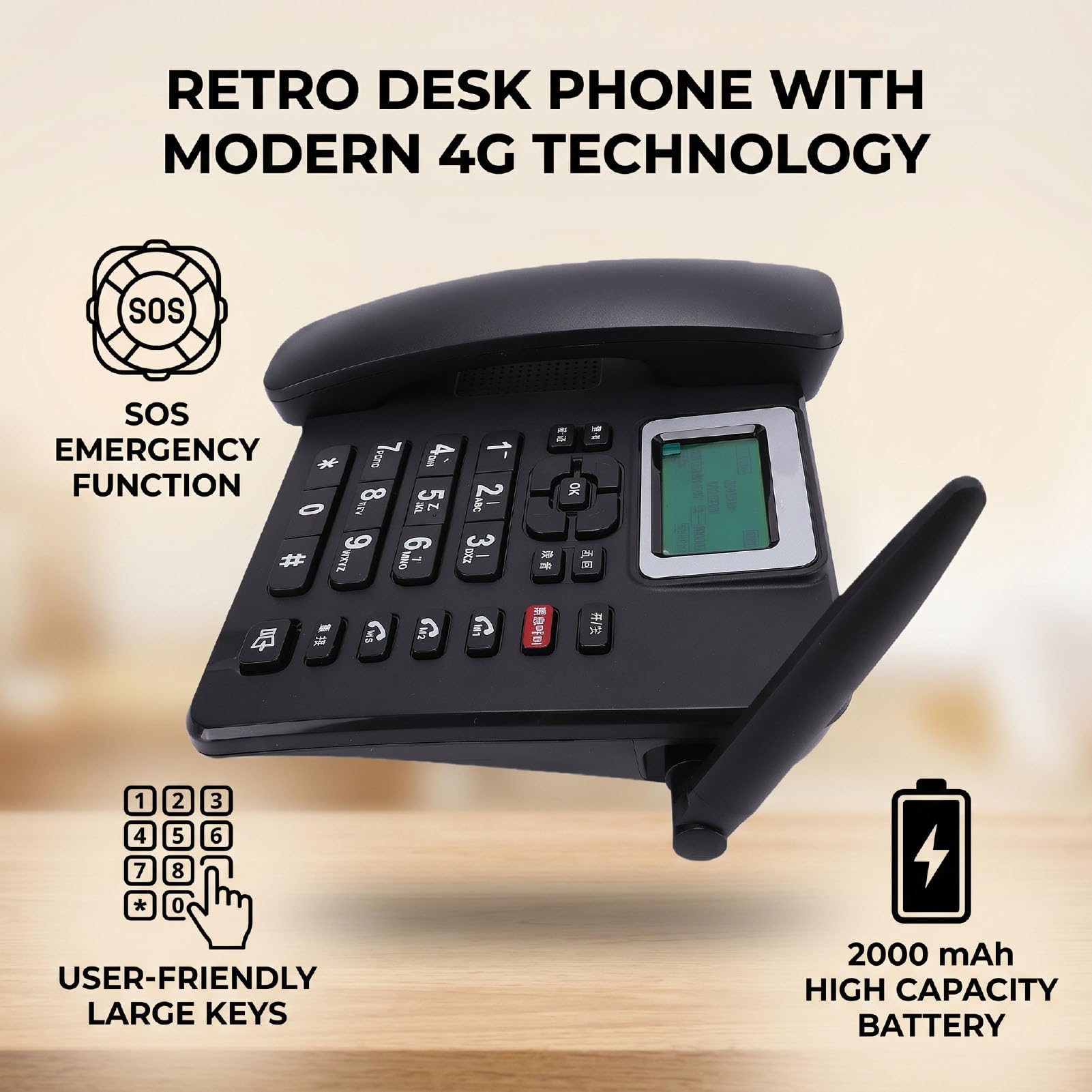 Fockety Telefono da Tavolo Classico GSM Wireless, Telefono Cordless Fisso Mobile Sbloccato 4G con Chiamata di Emergenza SOS, Cellulare retrò per Lavoro o Famiglia