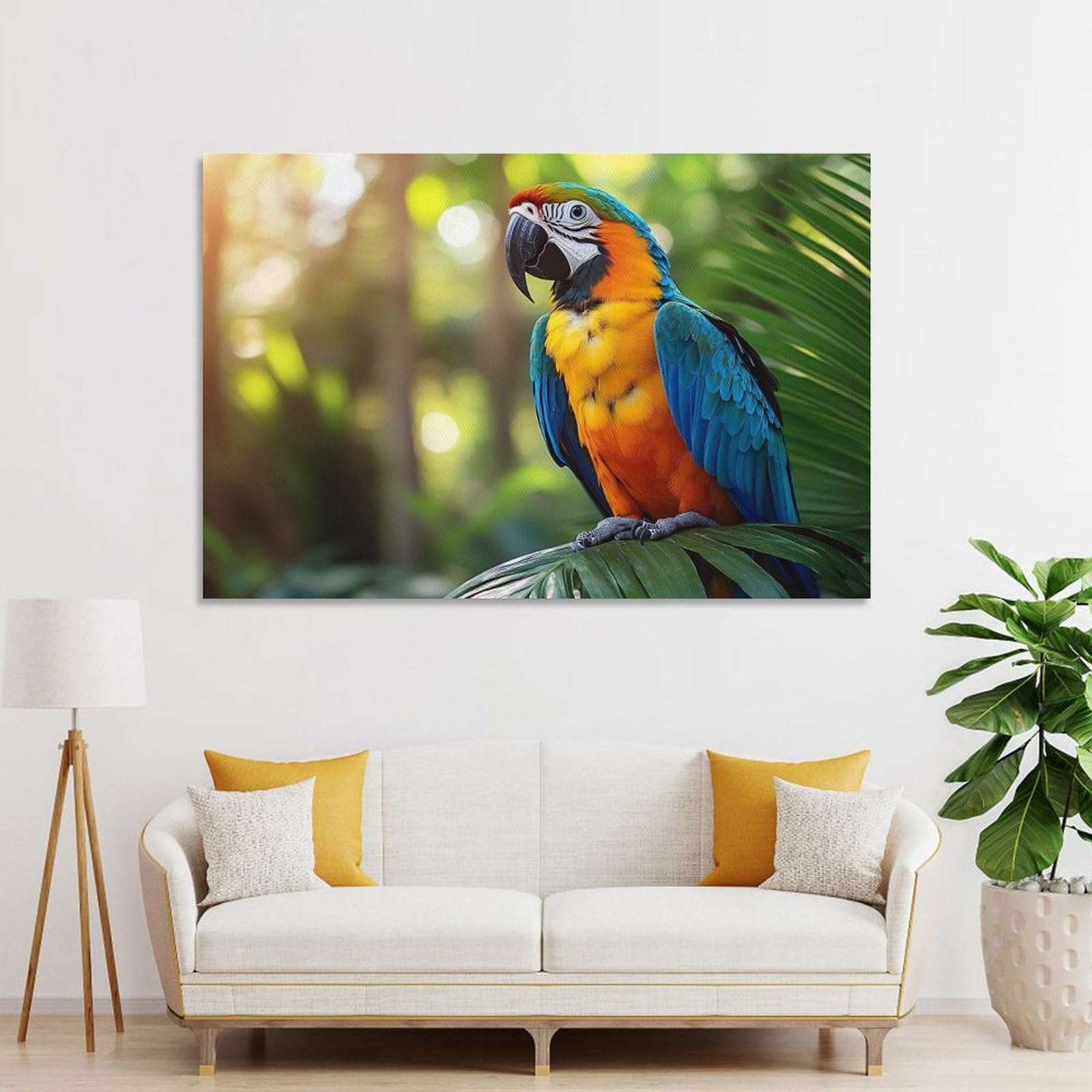 Junmoney Unframe-Style-15 Colorful Macaw Parrot In Tropical Setting Decorative Wall Artwork, 24X36inch(60X90cm), For Study, Office Or Focused Interiors, A Smart Decor Choice For Study Walls