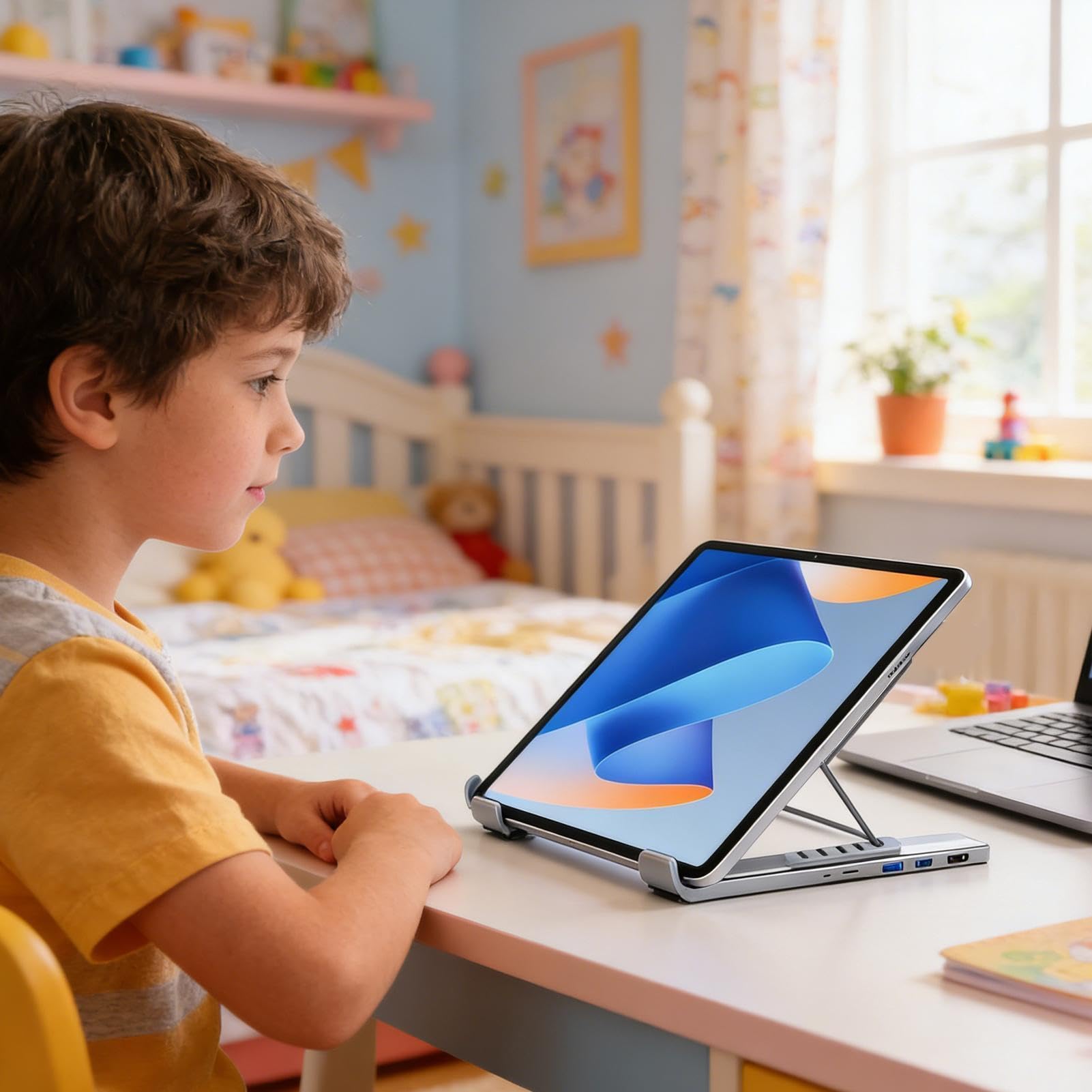 Supporto Portatile per Notebook con Docking Station Hub USB C 8 in 1 e | Trasferimento Dati a 5 Gbps, Supporto Pieghevole con Porte USB Per Scrivania, Viaggio, Ufficio, Casa, , Lavoro, St