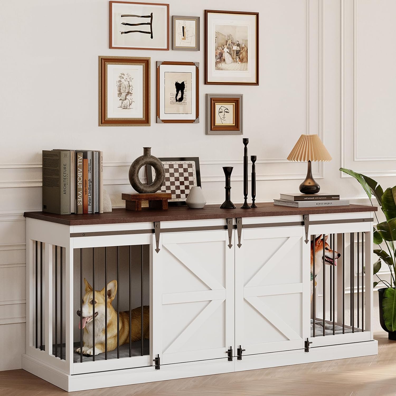 Dog Crate Furniture - Indoor Wooden Dog Kennel Furniture with Room Divider - 71"x23.6"x31.5"H, Black