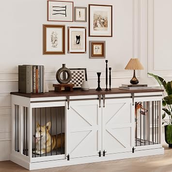 Dog Crate Furniture - Indoor Wooden Dog Kennel with Room Divider and Double Sliding Barn Doors - 71x23.6x31.5H, White