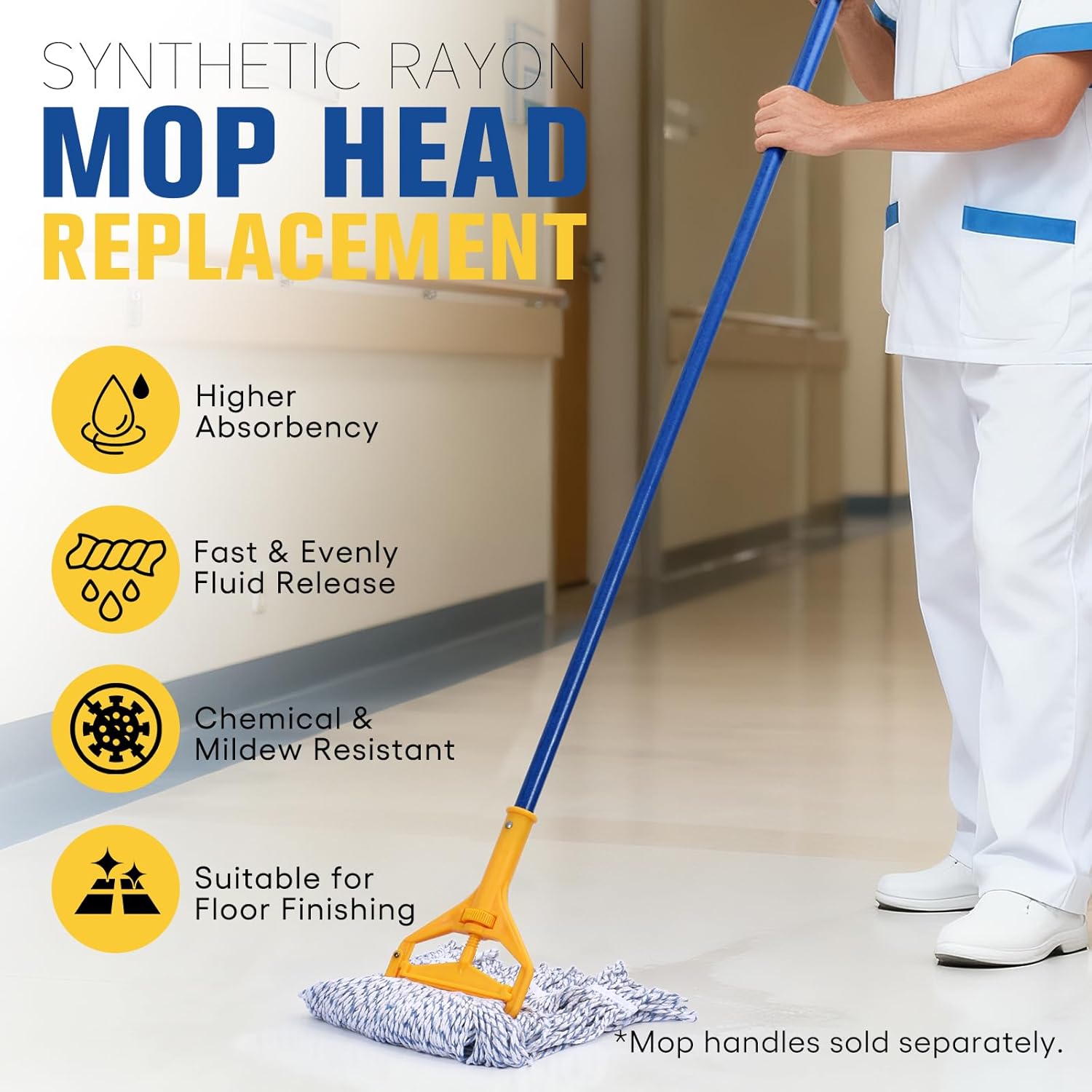 Matthew Cleaning Rayon Finish Mop Head Replacement, Commercial Mops for Floor Cleaning and Finishing, 4-Ply Premium Synthetic Yarn for Optimal Absorbency and Release, 24 oz X-Large, 3 Pack