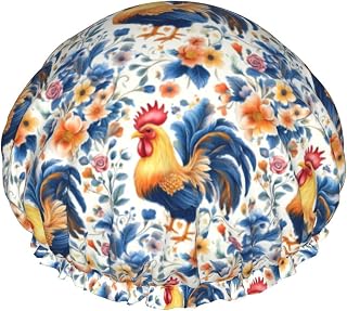 Large Shower Caps for Women Reusable - Soft Comfy Vintage Floral Chicken Print Double Layer Hair Cap for Shower with Elastic Rope and Peva Lining