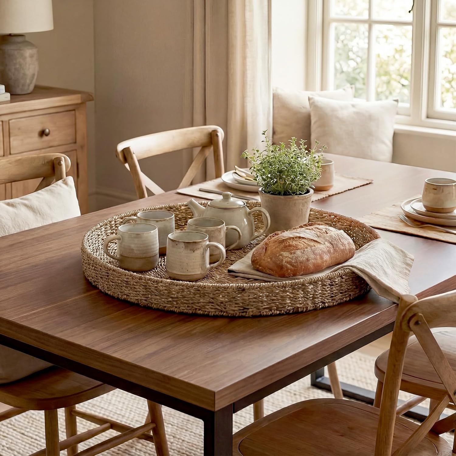 Extra Large Round Rattan Tray with Handles 26.77 in