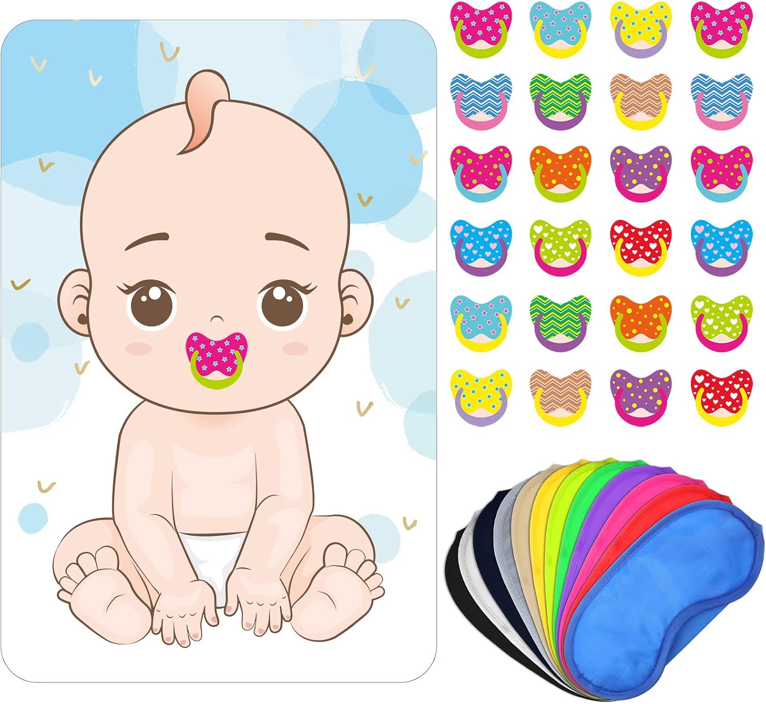 Outus Pin The Pacifiers on The Baby Game, Baby Pacifier Game Poster Come Extra with Pacifiers and Eye Masks for Baby Shower Party Kids Birthday Party Supplies