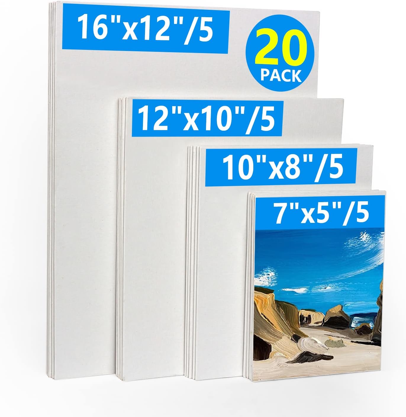 yazi Paint Canvas Panel 20 Multi-Pack Stretched Boards Pre-Primed Artist Canvas Boards for Acrylic, Oil, Gouache, Tempera Paints & Wet Art Media-16"x12",12"x10",10"x8",7"x5"