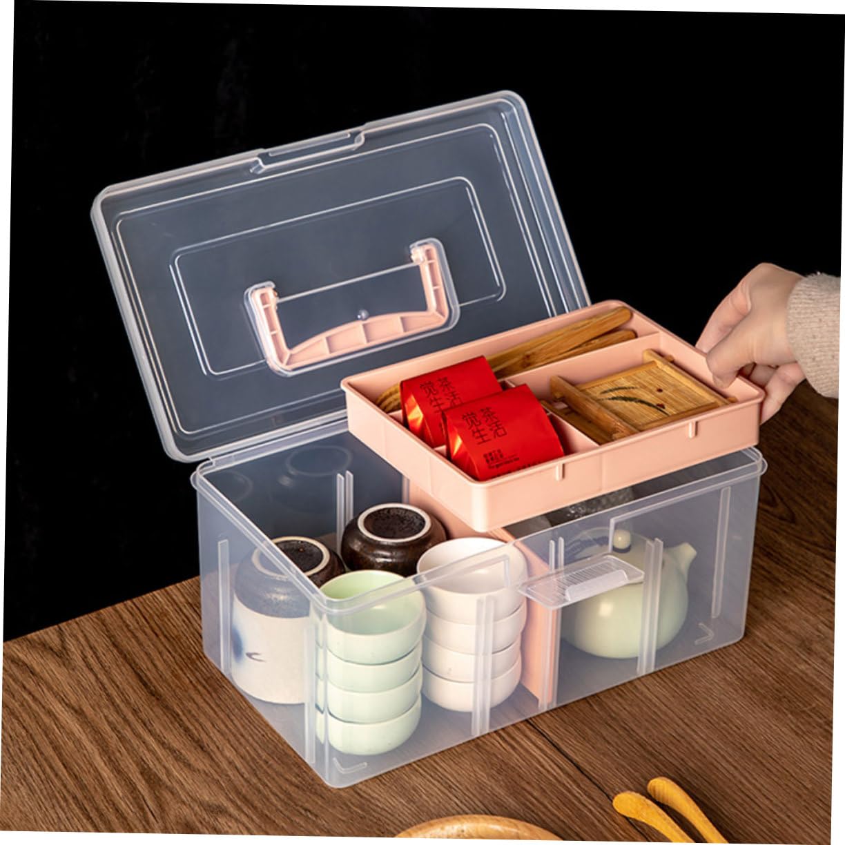 Angoily Scatola Organizer Divisoria Multiuso per Bricolage con Maniglia | Design Trasparente in Pp Rosa, Struttura a Due Livelli, Formato Piccolo per Oggetti e Accessori Creativi