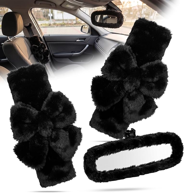 Capa acolchoada para cinto de segurança JUYQZ com laço de pelúcia preta – Kit com 3 peças