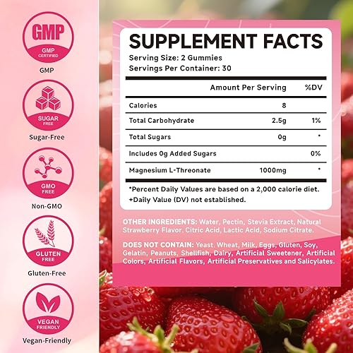 Miniatura 2 de Gomitas de magnesio L-treonato de 1000 mg, gomitas de treonato de magnesio para niños y adultos, sin azúcar para apoyo muscular y nervioso, sin OMG,