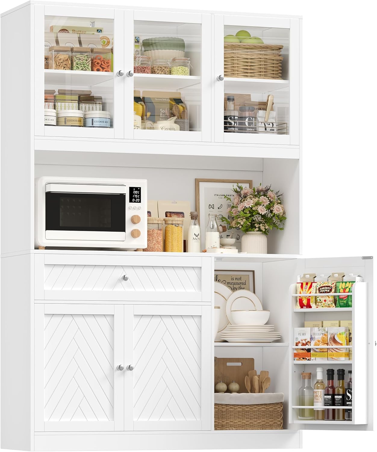 72” Tall Kitchen Pantry Storage Cabinet, Modern White Kitchen Hutch with Large Storage Drawer, Countertop, Adjustable Shelves, Food Pantry Cabinets for Dining Room, Living Room