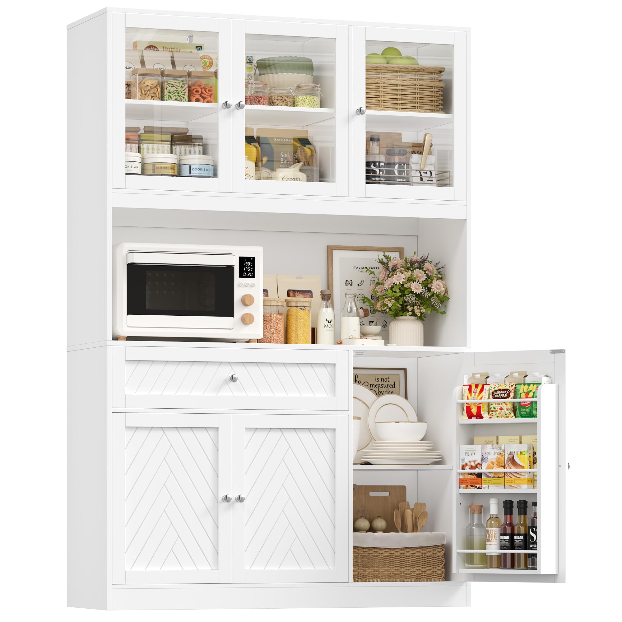 72” tall kitchen pantry storage cabinet with painted strip door | modern white kitchen hutch with large storage drawer, countertop, adjustable shelves for dining room, living room