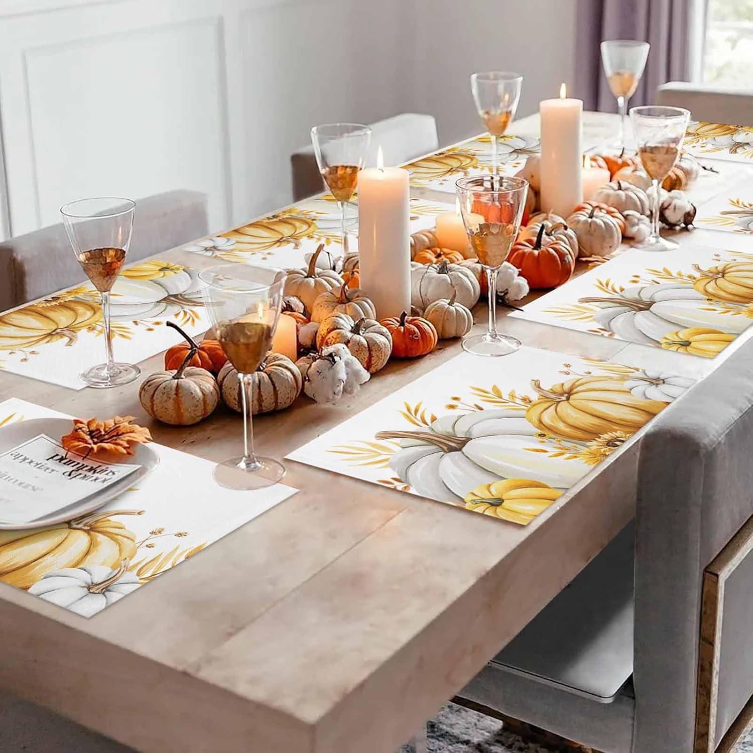 Placemats Set of 12,Autumn Pumpkin Leaf Flower Heatproof Non-Slip Table Mats Place Mat,Thanksgiving White Yellow Plant Linen Washable Placemat for Kitchen Dinning Indoor Outdoor Party Decor