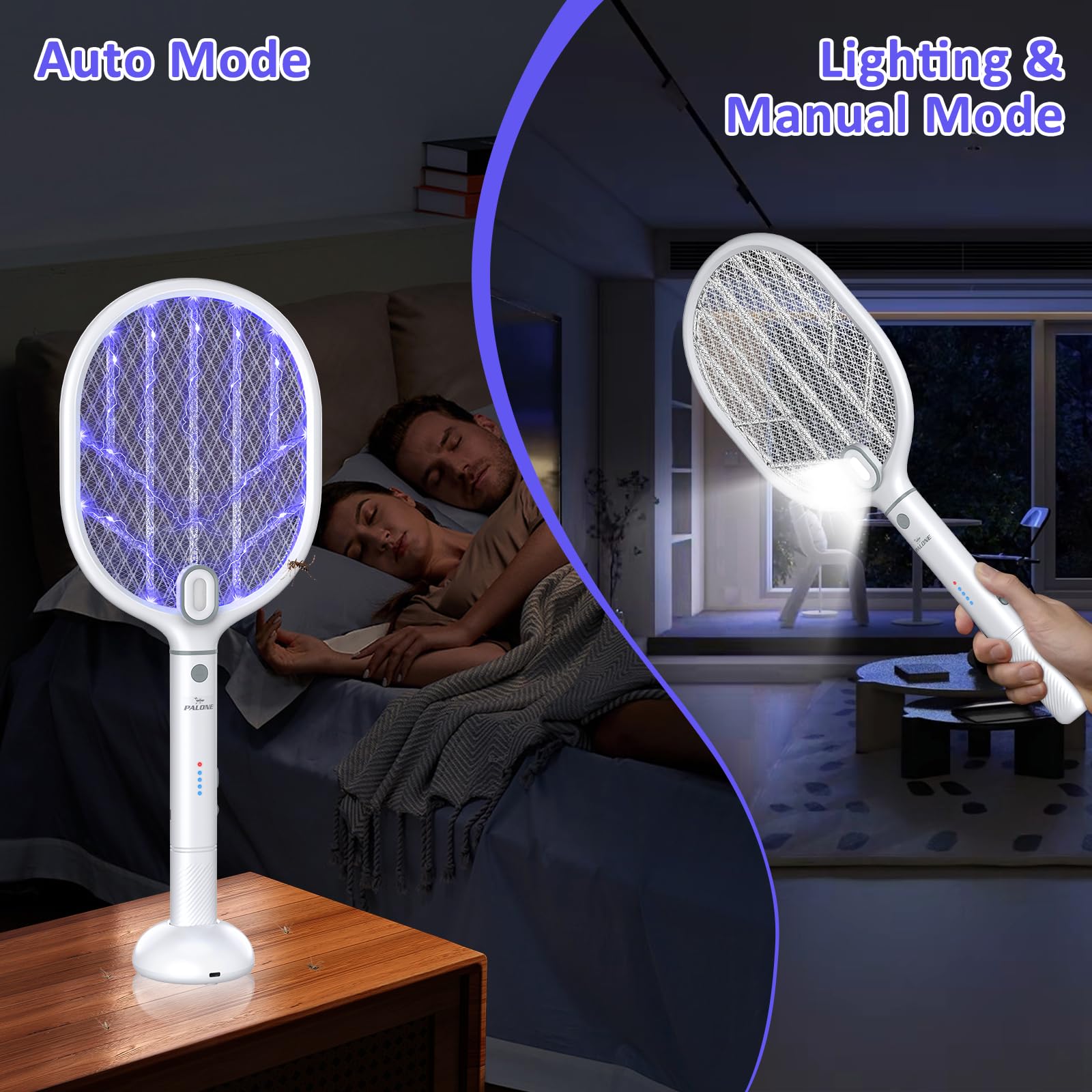 PALONE Elektrische Fliegenklatsche Extra Stark 4000V mit 2 Type-C, 1800mAh Wiederaufladbar Fliegenklatsche Elektrisch, Nacht LED Abnehmbar UV Insektenvernichter Elektro Mückenklatsche