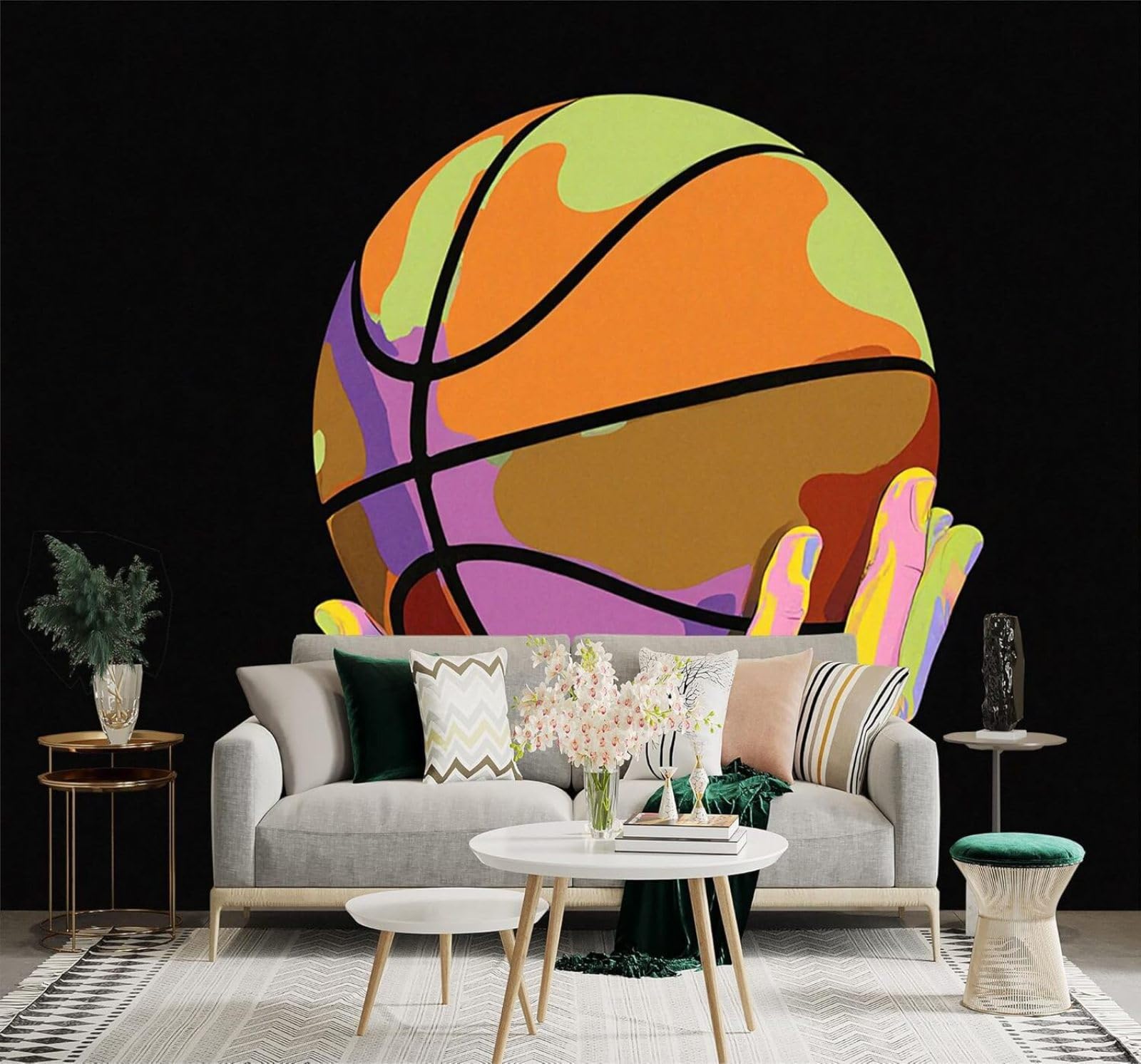 XLMING Hand Drawn Colourful Hands Basketball Art Illustration 3D Wallpaper Silky Texture Home Study Office Grey Dining Room Sofa Bedroom Living Room TV Backdrop-400cm×280cm