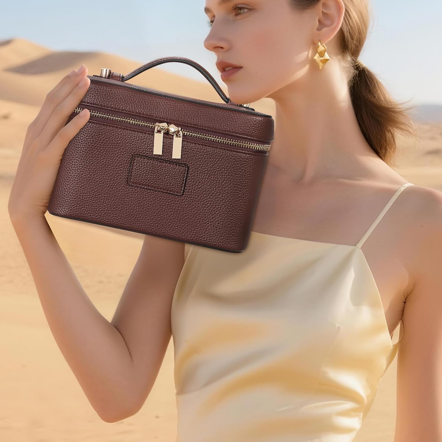 Starnearby Beauty Case Donna in Pelle PU, Borsa Cosmetica da Viaggio, Trousse Trucchi Donna con Divisore Rimovibile, Borsa da Toilette, Pochette Cosmetica da Viaggio (Caffè)