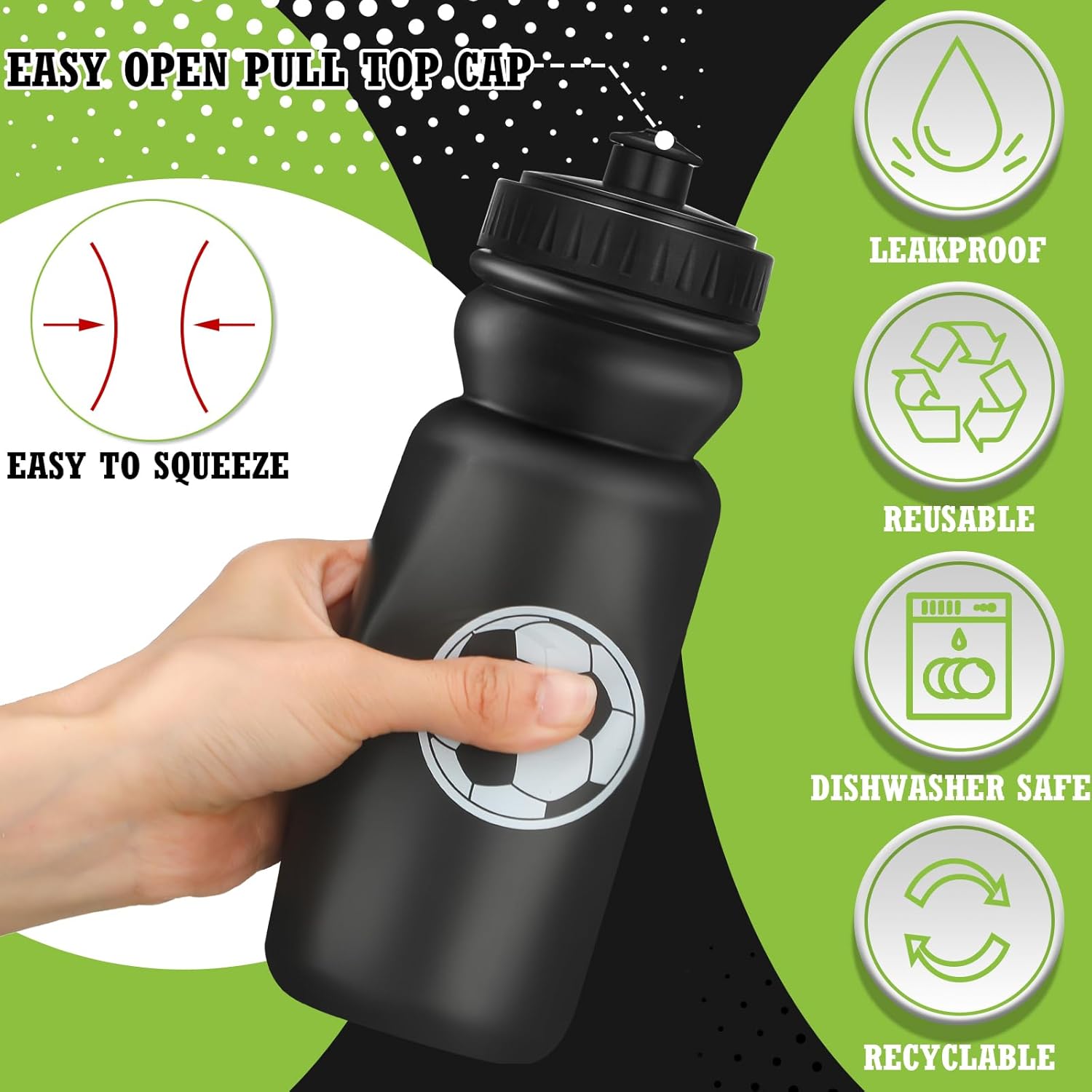 Nitial 20 Pack Soccer Squeeze Water Bottle Bulk 20 oz Sports Bottle with Pull Top Lid Plastic Reusable Gifts Tumbler for Sports Travel Gym Party Supplies (Black) - Image 3