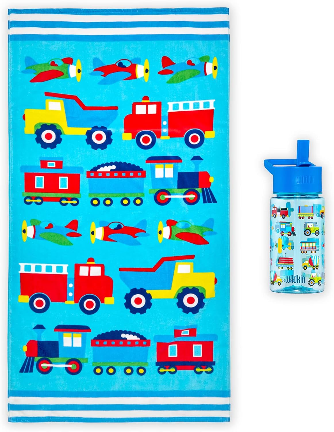 Wildkin Kids Beach Towel & 16 oz Reusable Water Bottle Bundle – Soft, Quick-Dry Towel for Pool & Beach Days - Trains, Planes & Trucks
