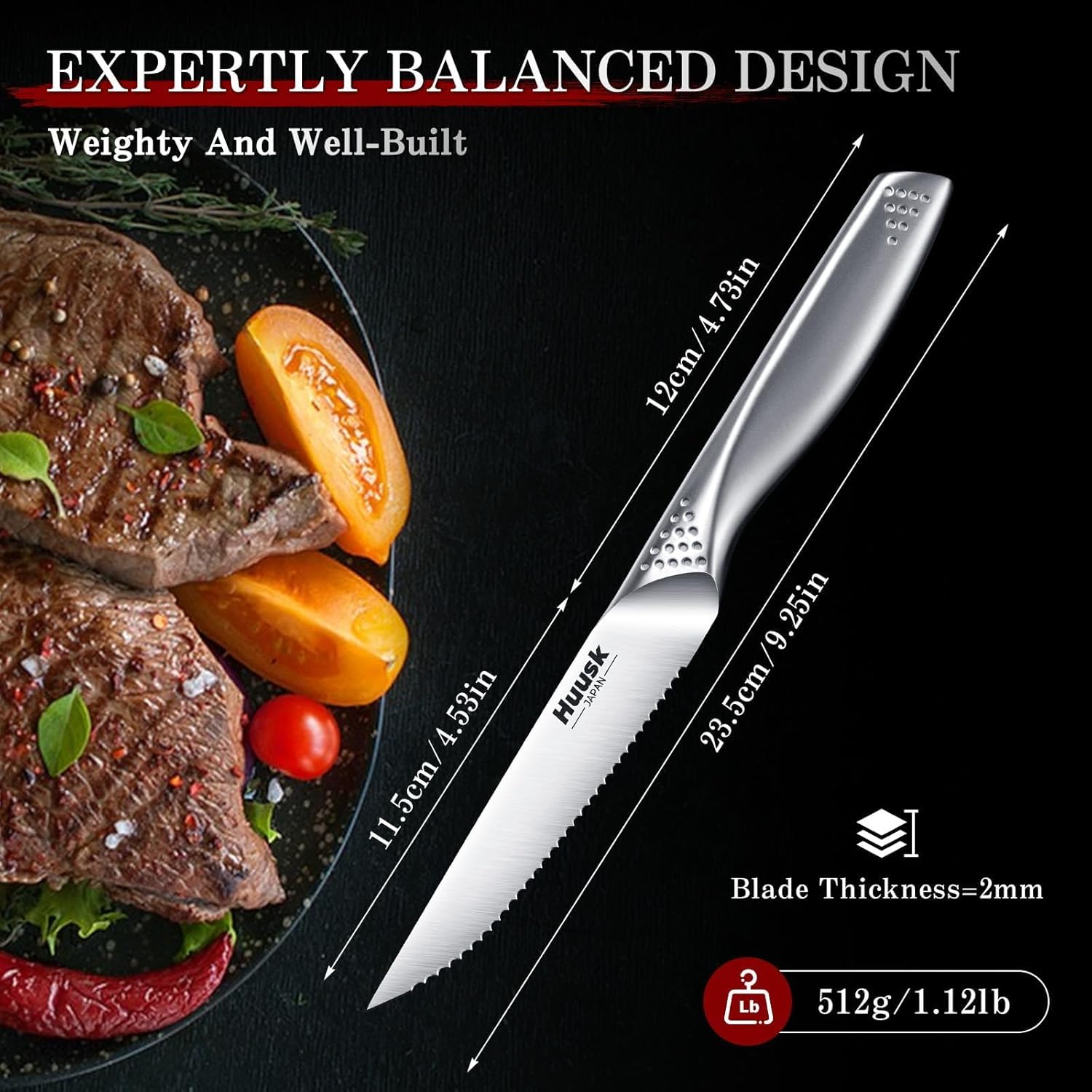 Huusk Serrated Steak Knives Set - 4.5" Japanese Stainless Steel Steak Knives Set of 6, Sharp Dinner Knife for Kitchen Table with Gift Box, Gifts for Men Women
