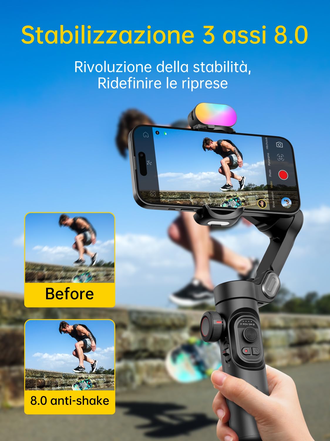 AOCHUAN Stabilizzatore per smartphone pieghevole a 3 assi con luce RGB magnetica, rilevamento del viso e rotella di messa a fuoco - Compatibile con iPhone/Android per vlogging - Smart XE Kit