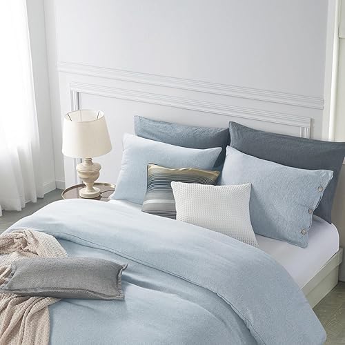 Miniatura 5 de MUKKA - Funda de edredón de microfibra con botones, lino jaspeado tipo Chambray, estilo moderno, suave, con cierre de botones de coco