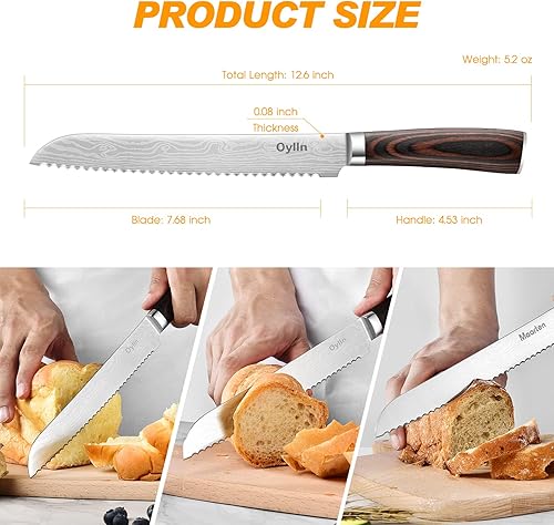Miniatura 6 de Oylln - Cuchillo de pan dentado alemán de acero inoxidable de alto carbono de grado profesional cuchillo de rebanar pan afilado de 8 pulgadas con