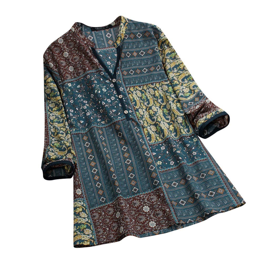 Vectry Camisa Mujer Vintage Folk Style Impresión Button Cuello En V Manga Larga Top T-Short Blusa Camisa Otoño Verano Playa Y Fiesta