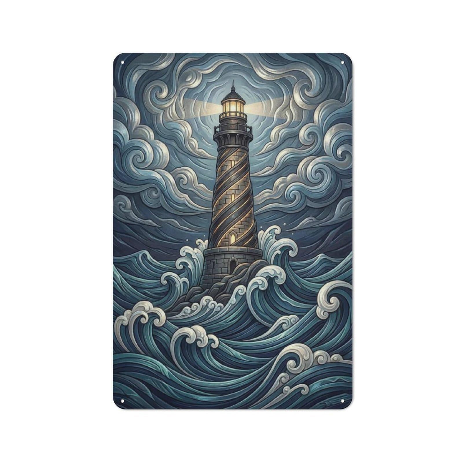 Junmoney Style-9 Lighthouse In A Stormy Sea Everyday Metal Wall Decor 30X20cm, Decorative Tin Plaque For Flat, Dorm Room, Lounge Or Cafe