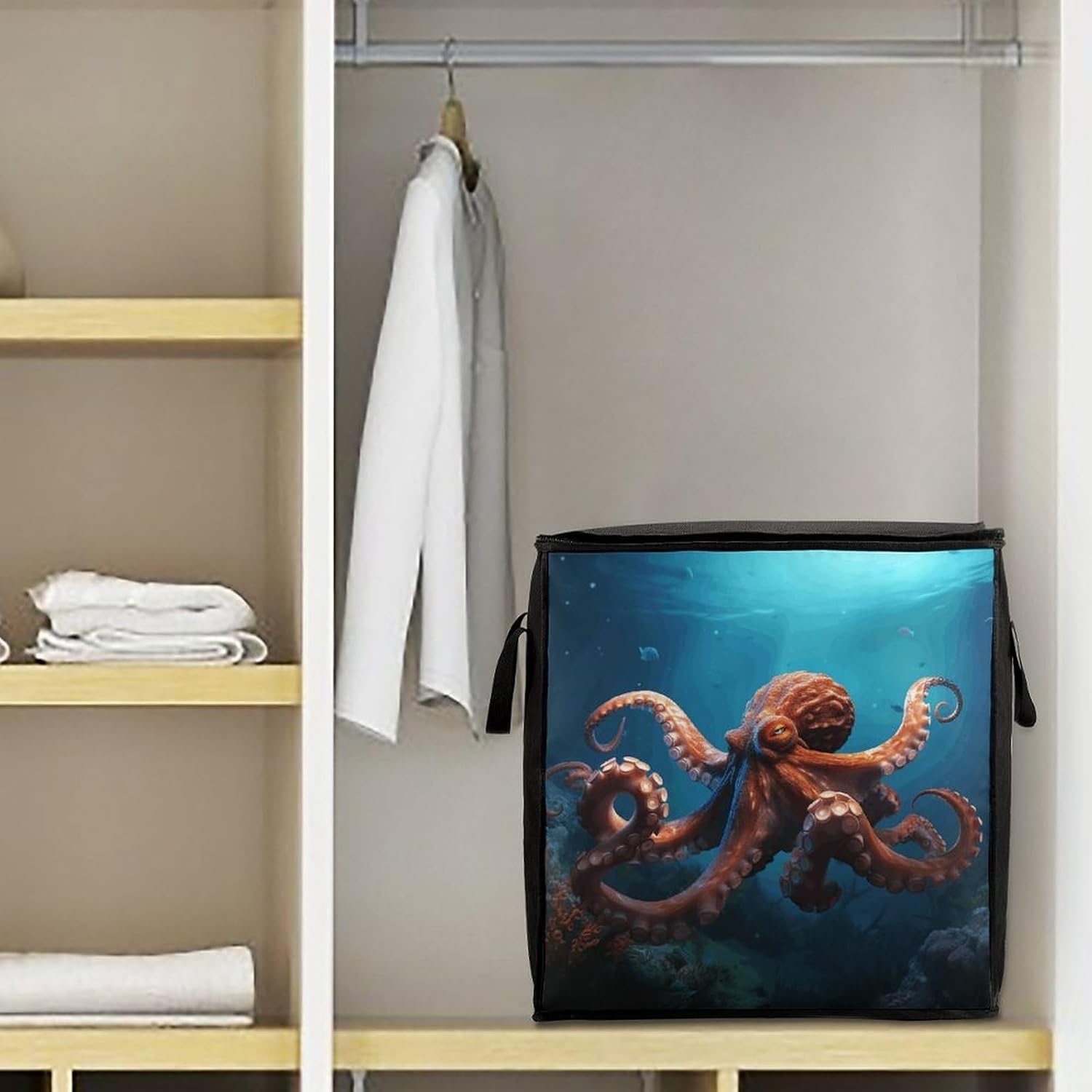 Ocean Animal Octopus Storage Bag with Zippers And Handle Extra Large Bedding Comforter Storage Bag Foldable Blanket Storage Bags Fabric Moving Bags for Closet Organizer (70L)