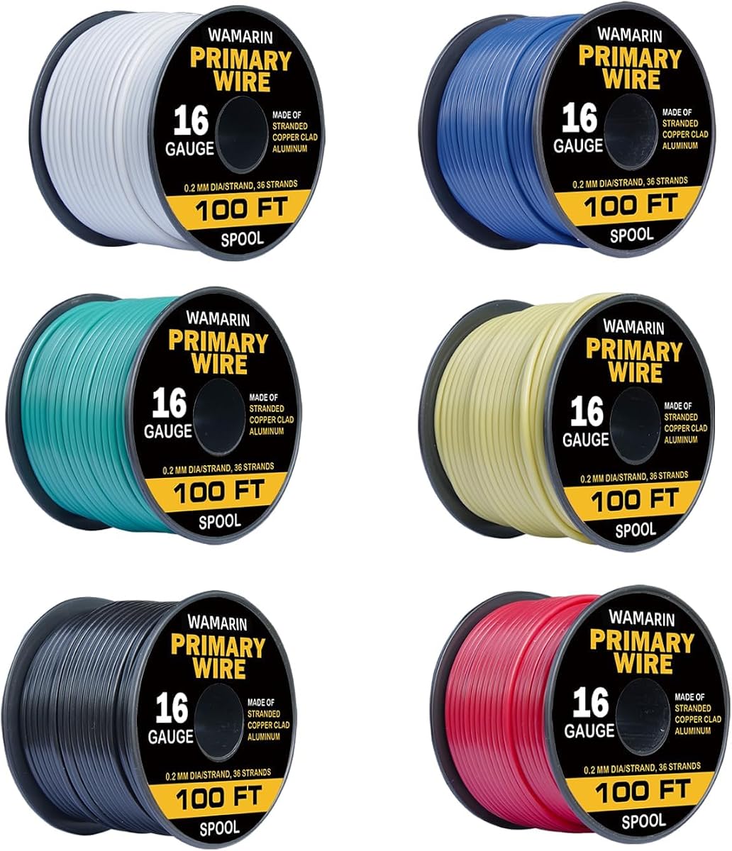 16 Gauge Wire Combo, CCA, 6 Colors, 100ft Rolls (600ft Total) | Durable Copper Clad Aluminium, Low voltage electric wire, 16 AWG wire, Ideal for Heavy-Duty Auto & Home Projects, Insulated