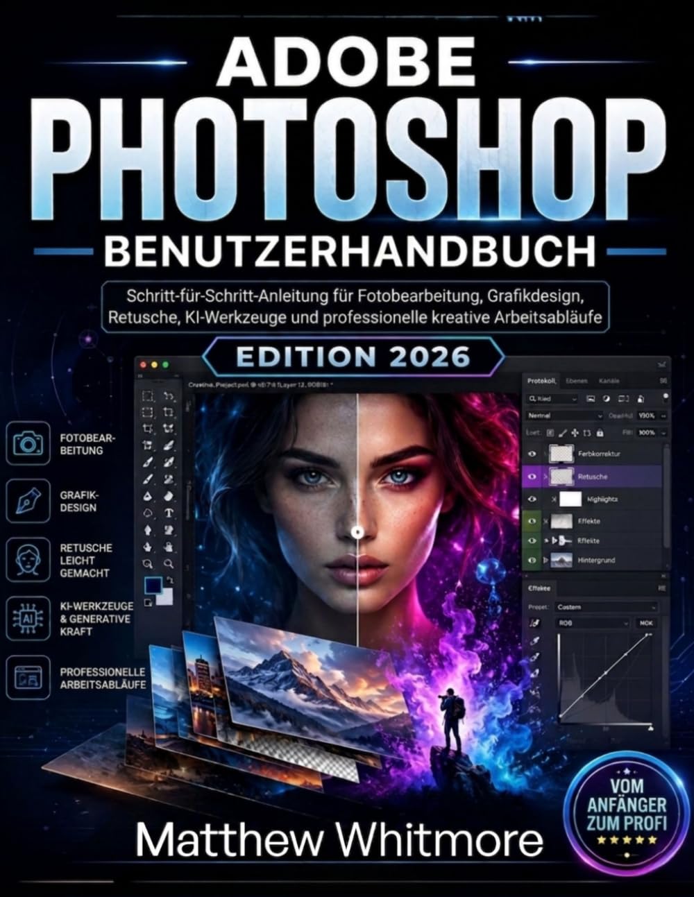 Adobe Photoshop Benutzerhandbuch: Schritt-für-Schritt-Anleitung für Fotobearbeitung, Grafikdesign, Retusche, KI-Tools und professionelle kreative Arbeitsabläufe