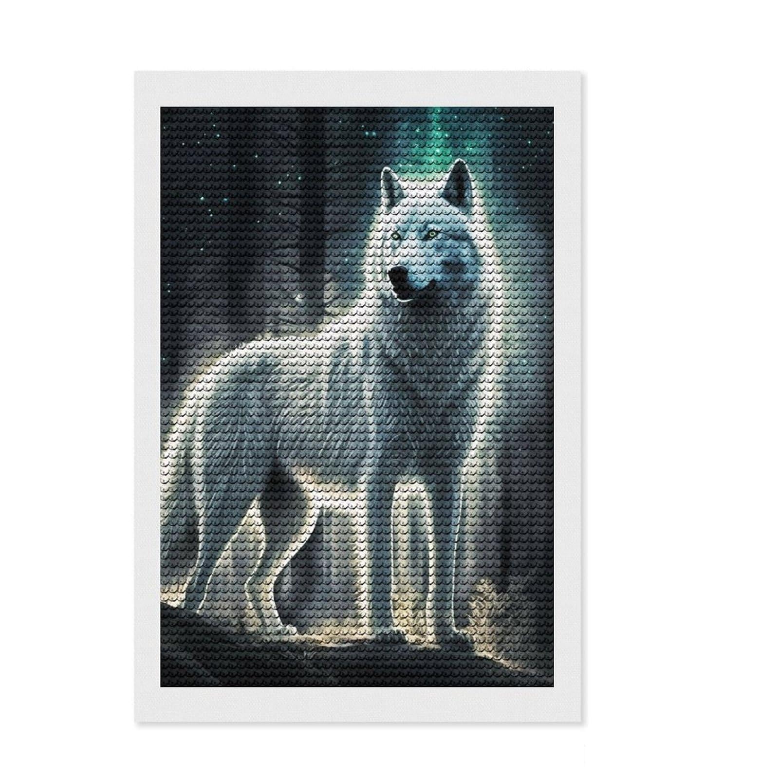 Junmoney White Wolf Diamond Art Canvas 8"x12", for Teens, Enjoyable At-Home Hobby, Office Decor, Gift Idea, Pleasing Wall Art Project