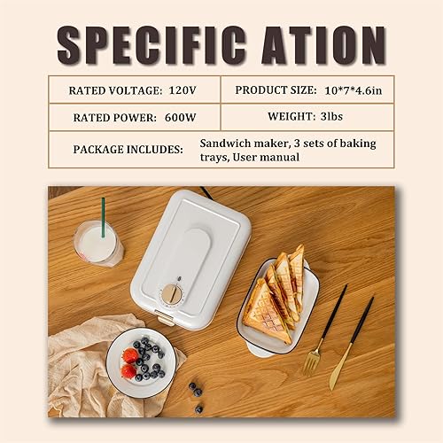 Miniatura 6 de Sandwichera de sincronización blanca 3 en 1 con placas antiadherentes, luces indicadoras y función de bloqueo, prensa eléctrica Panini de 600 W,