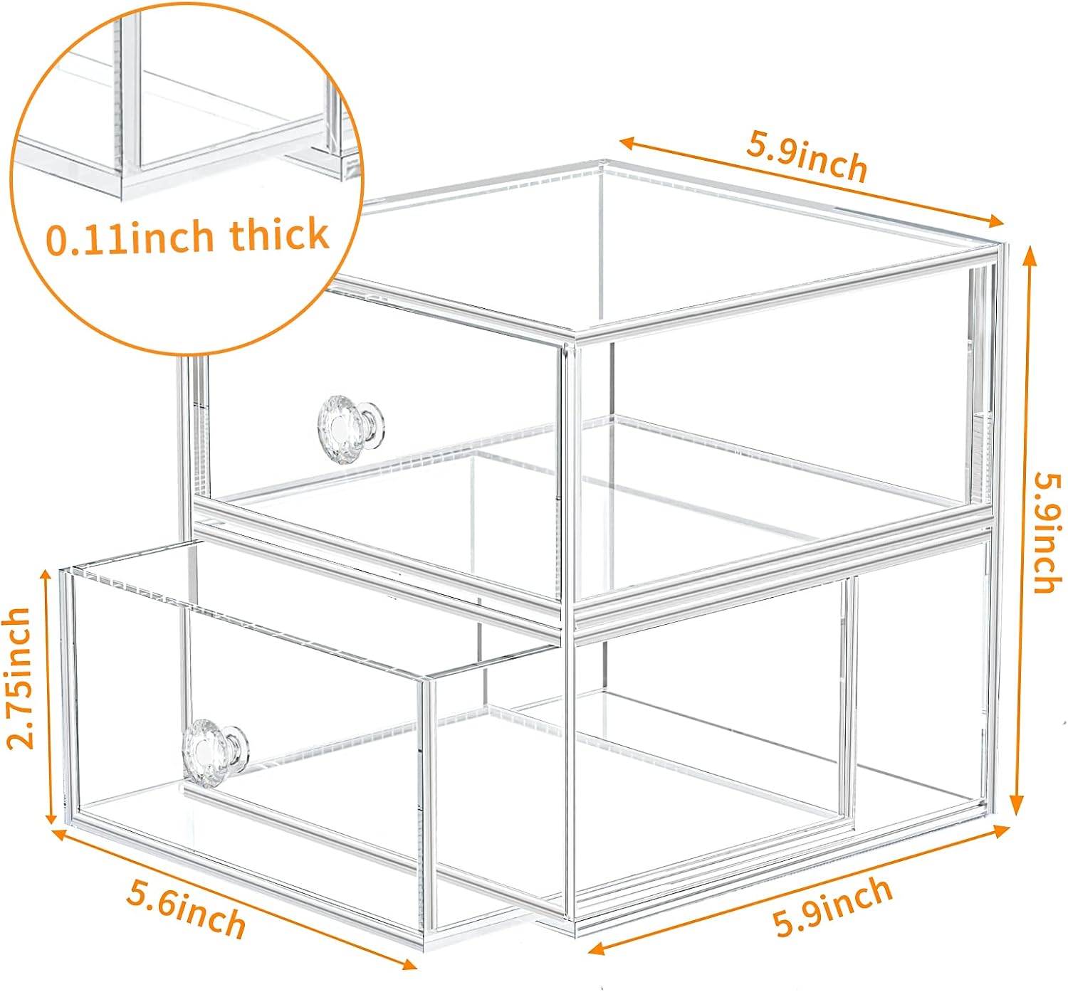 AITEE Acrylic Clear Makeup Organizer with 2 Drawers Stackable Cosmetics Storage Display Case for Vanity,Bathroom Counter, Dresser,Desktop,Countertop Holder for Lipstick,Brushes, Eyeshadow, Nail Polish,Jewelry