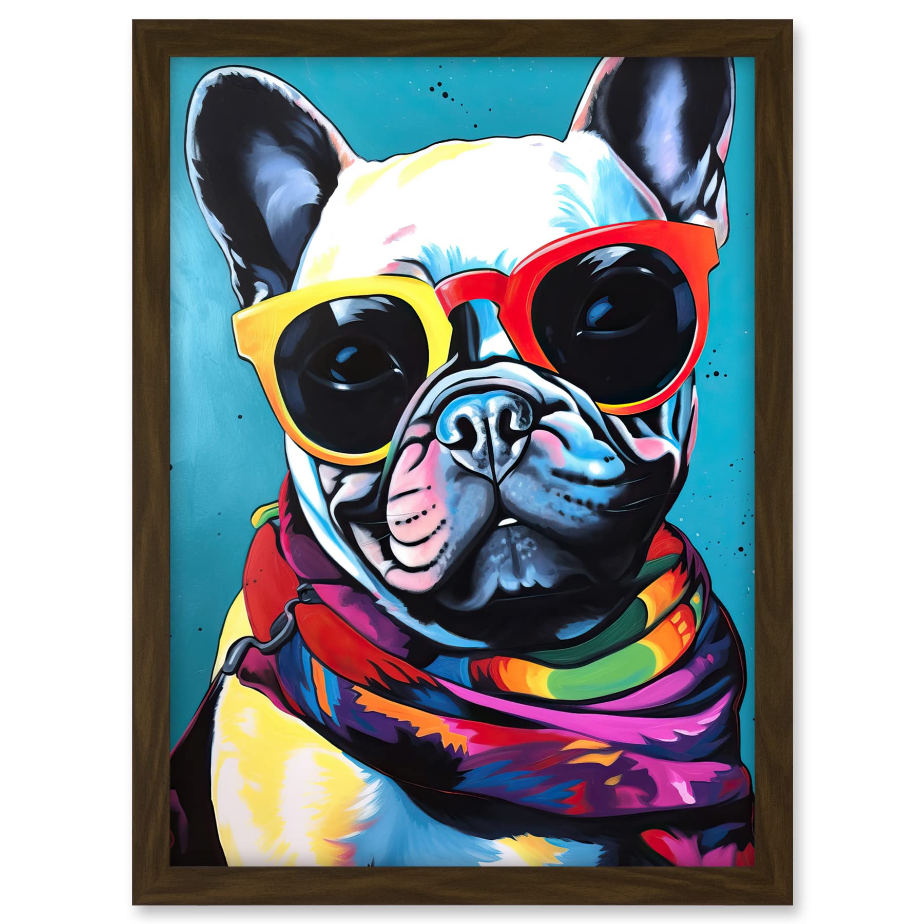 Artery8 French Bulldog in Sunglasses and Bandana Folk Art Artwork Framed A3 Wall Art Print