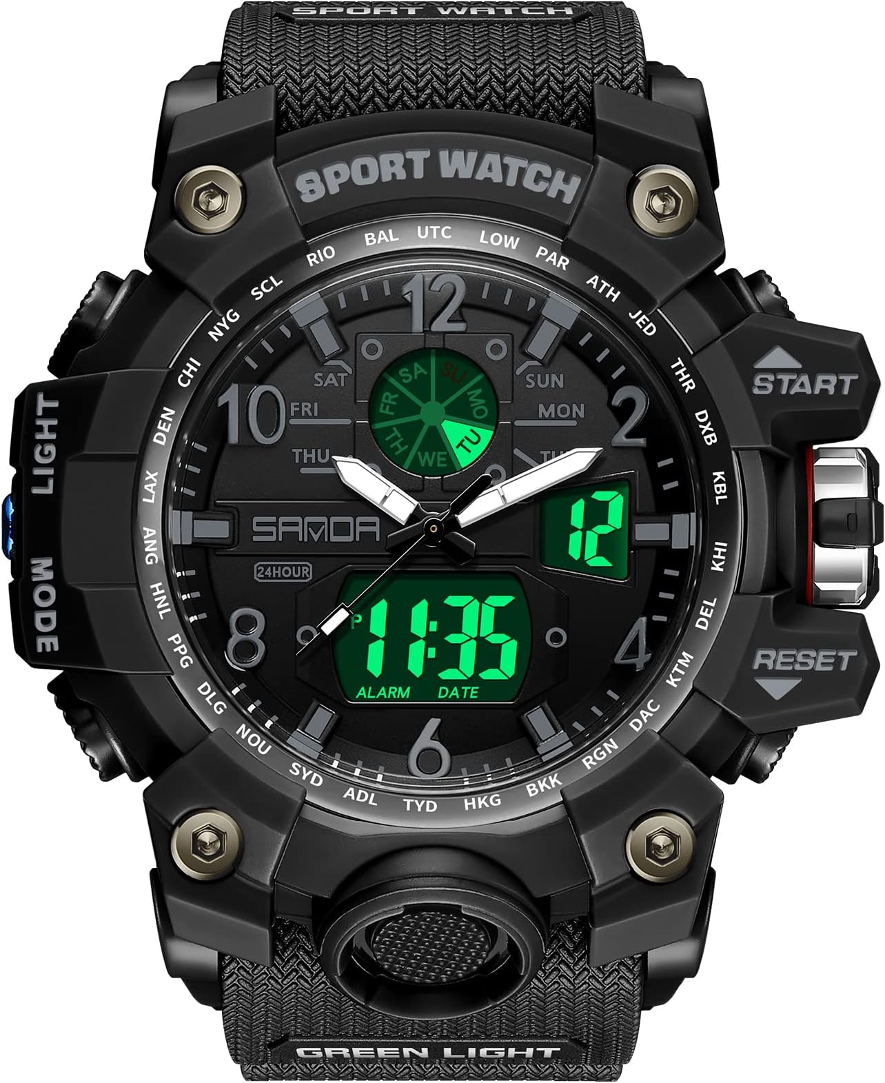WISHFANMen’s Military Watch, Dual-Display Waterproof Sports Digital Watch Big Wrist for Men with Alarm (Black)