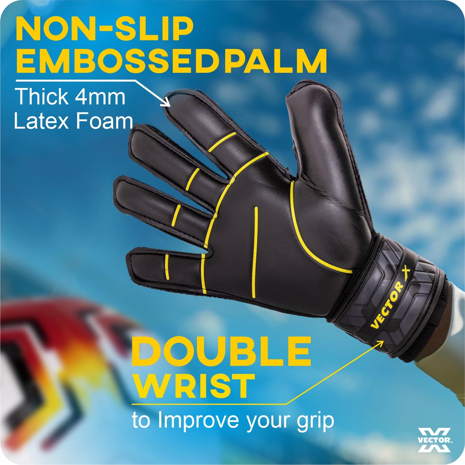 Vector X Goal Stopper Goalkeeper Gloves, Soccer Gloves, Goalie Gloves, Breathable Football Gloves| 4mm Latex Material to Give Protection| for Kids Youth & Adult (Black, Size: 8) 3