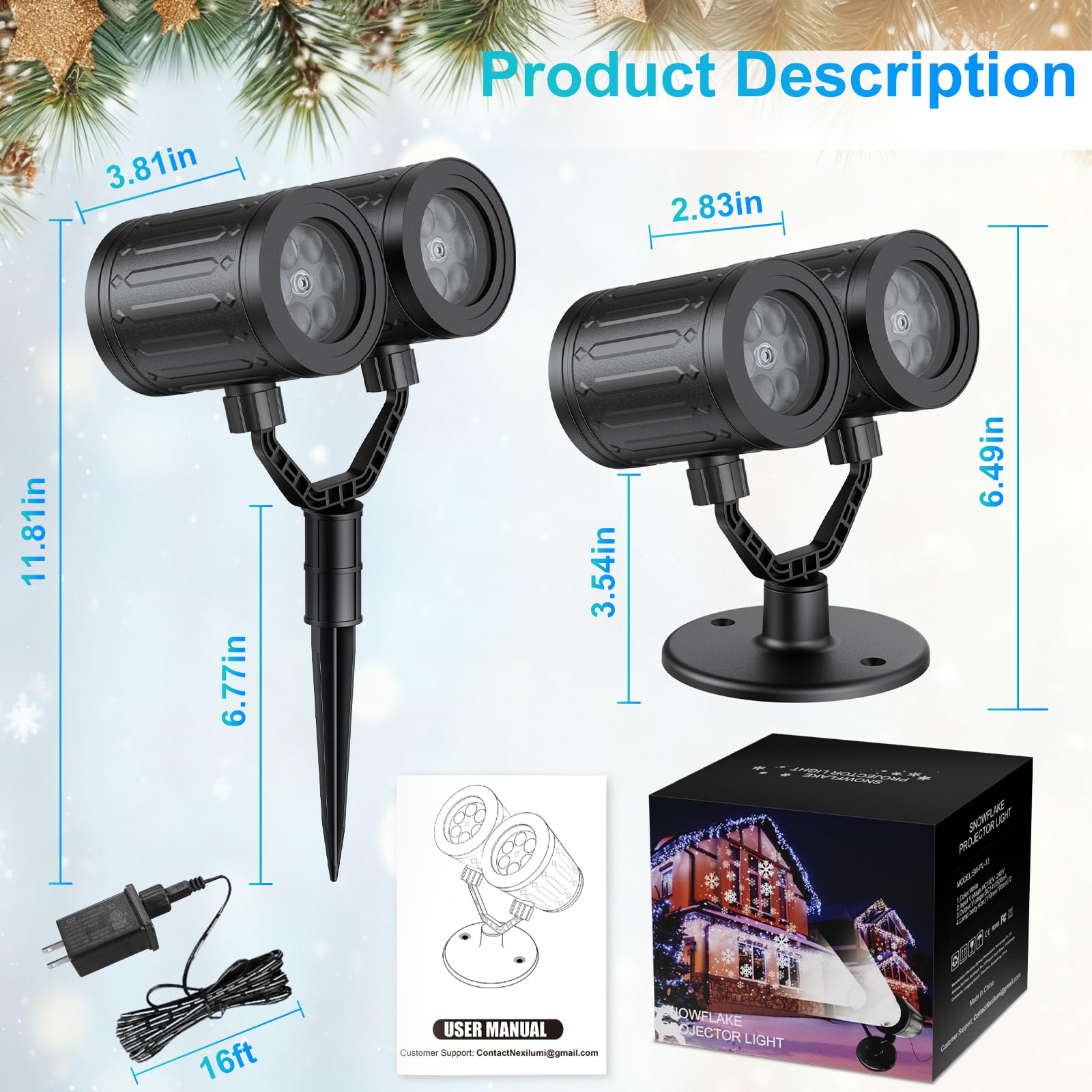 MuliVid Weihnachtsprojektor für den Außenbereich, Doppelkopf, LED-Schnee-Lichter, wasserdicht, für den Außenbereich, Weihnachten, Party, Terrasse, Gartendekoration