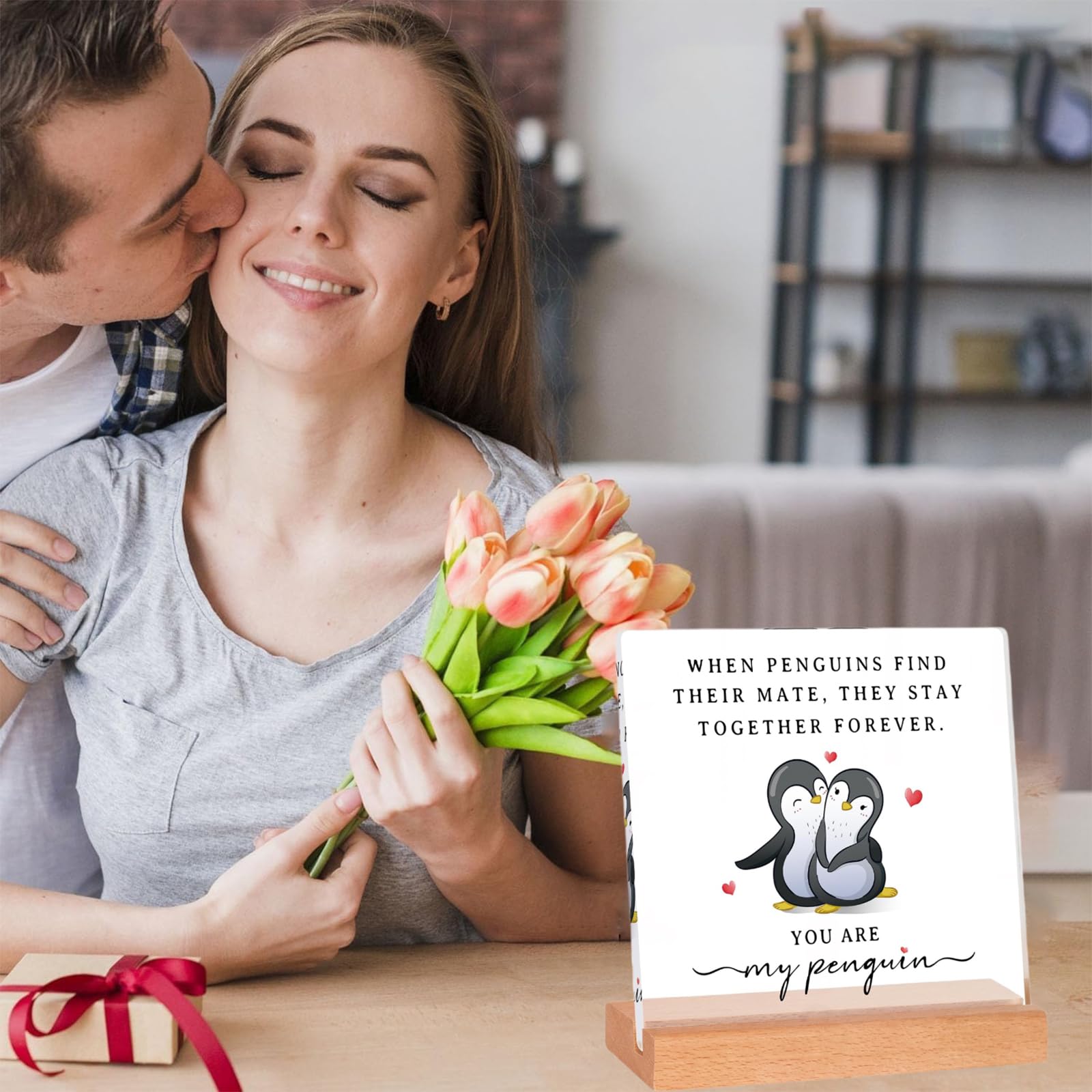 Pinguïnpaar acryl middelpunt - romantisch Valentijnsdagcadeau voor hem
